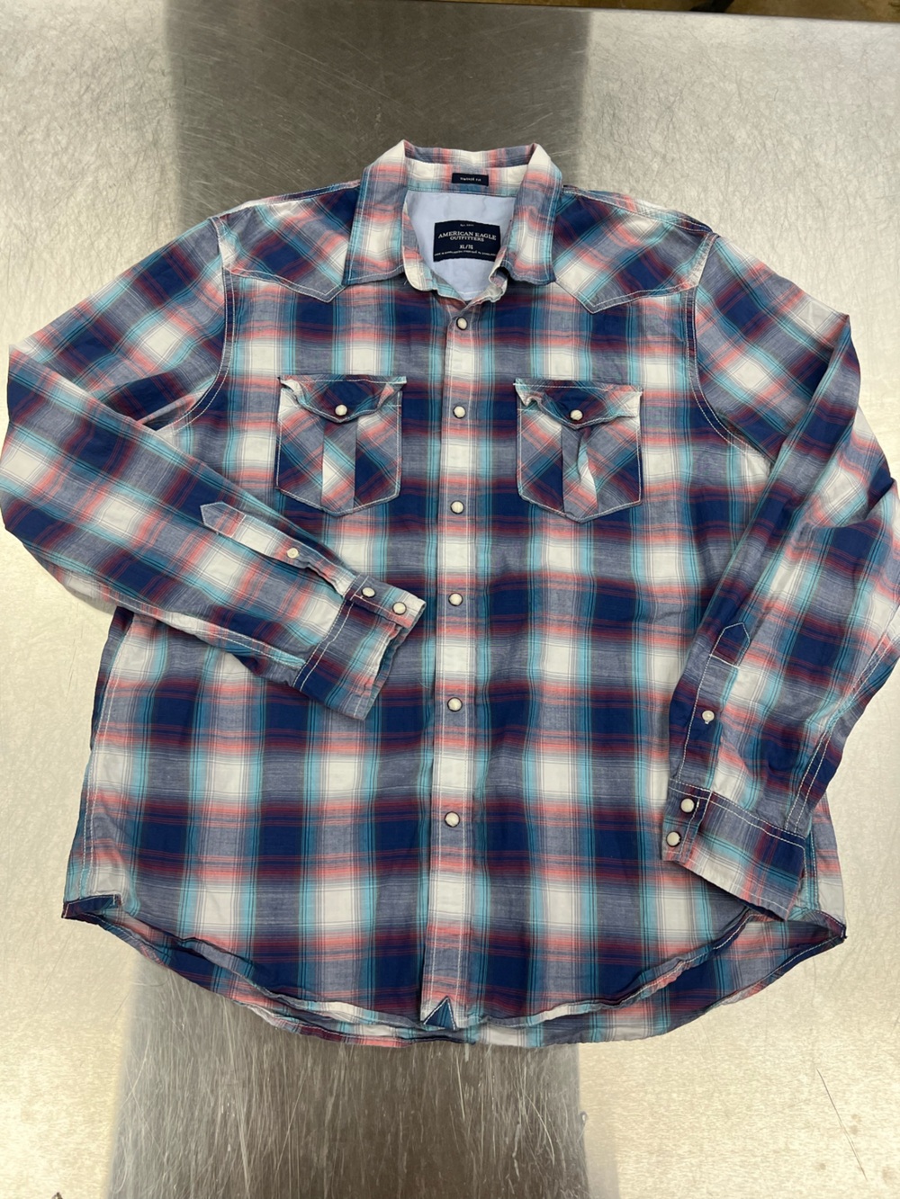 American Eagle Outfitters Blue & Red Plaid Snap Pearl Button-Down Shirt Men’s XL